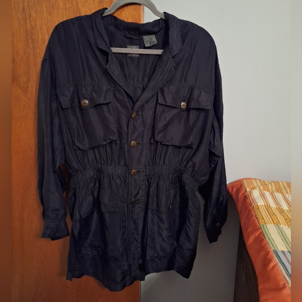 Liz Wear Vintage Women's Black 100% Silk Button Down Shirt Cinch Waist Size S
